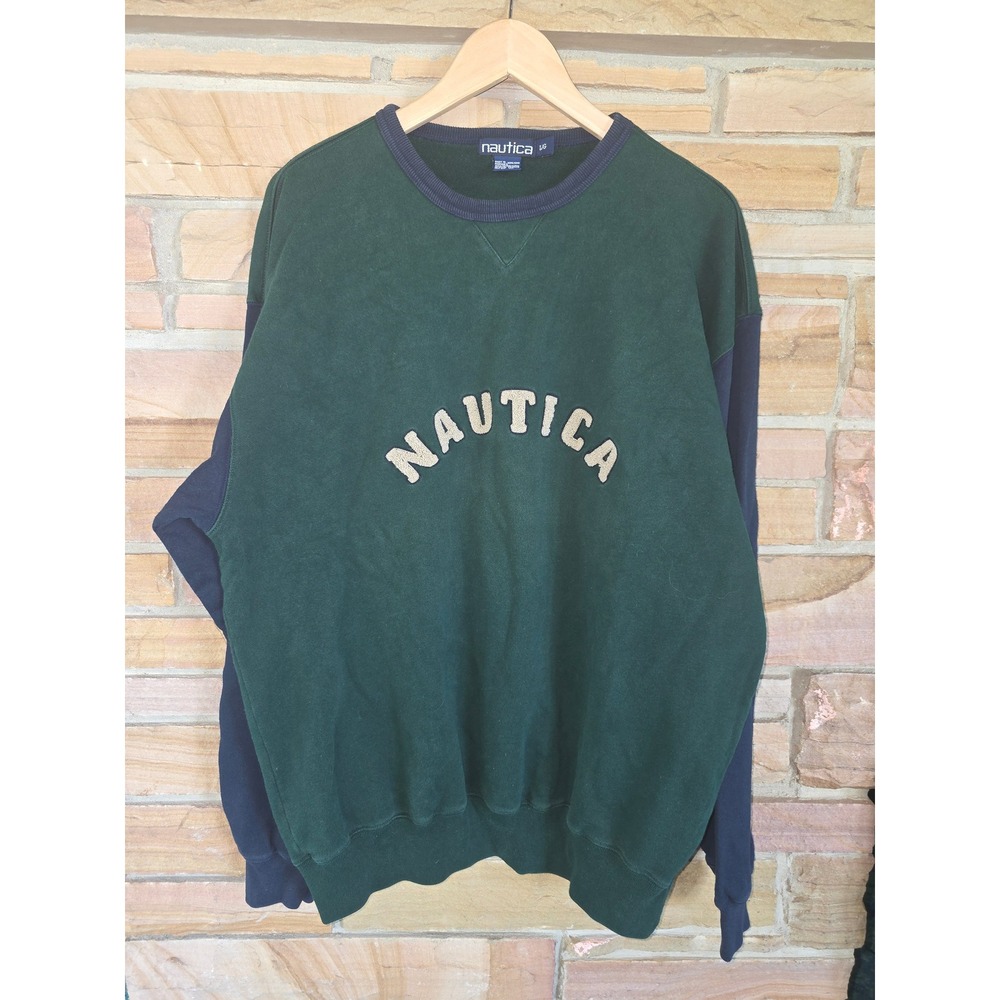 Vintage Nautica Sweatshirt Mens Large Green Navy Color Block Spell Out Logo